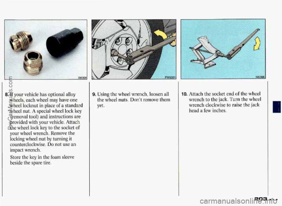 PONTIAC GRAND-PRIX 1993  Owners Manual 8. If your  vehicle has optional  alloy 
wheels,  each  wheel  may have  one 
wheel  locknut  in  place 
of a standard 
wheel  nut. A special  wheel  lock  key 
(removal  tool) and instructions are 
p