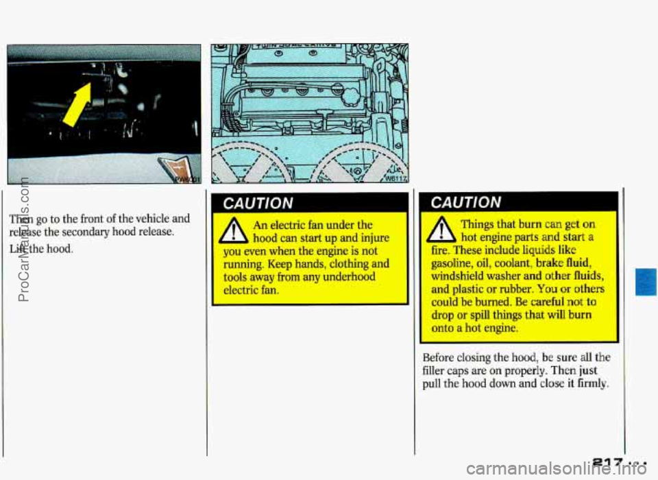 PONTIAC GRAND-PRIX 1993 Owners Manual I
I
Then go to the front of the vehicle and
release the secondary
hood release.
Lift the hood.
CAUTION I
A
An electric fan under the
hood can start up and injure
you even when the en PONTIAC GRAND-PRIX 1993 Owners Manual I
I
Then go to the front of the vehicle and
release the secondary
hood release.
Lift the hood.
CAUTION I
A
An electric fan under the
hood can start up and injure
you even when the en