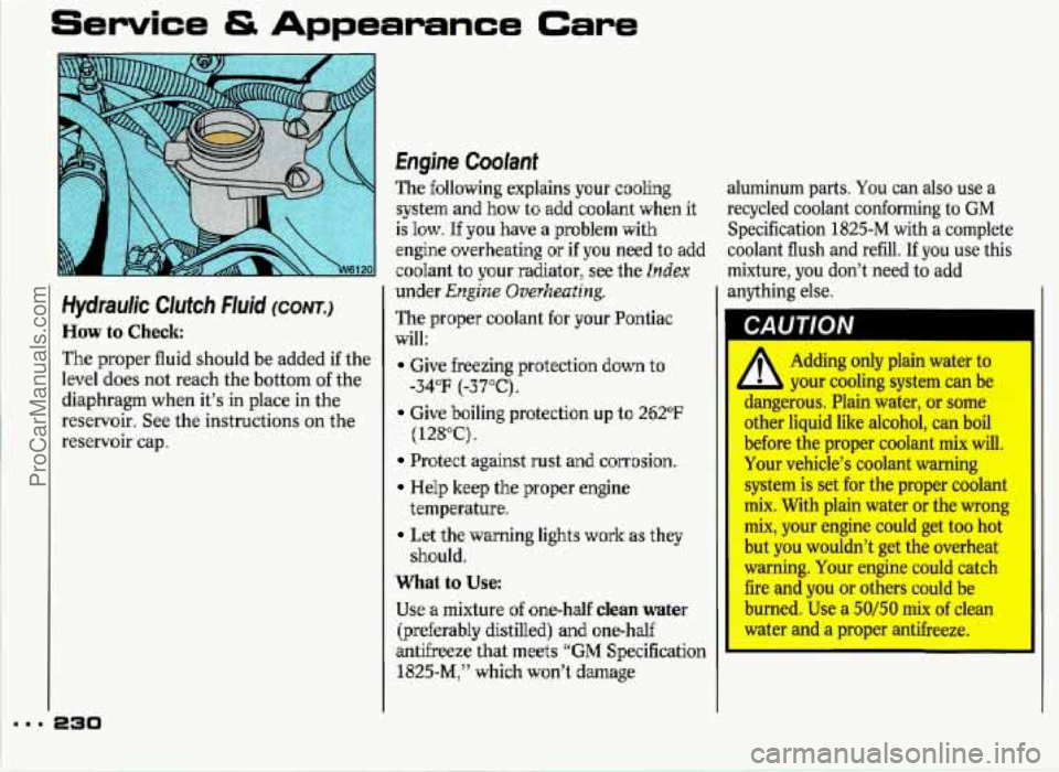 PONTIAC GRAND-PRIX 1993 Owners Manual Service & Appearance Cam
Hydraulic Clutch Fluid (CONTJ
How to Check
The proper fluid should be added if the
level does not reach the bottom
of the
diaphragm when it’s in place in PONTIAC GRAND-PRIX 1993 Owners Manual Service & Appearance Cam
Hydraulic Clutch Fluid (CONTJ
How to Check
The proper fluid should be added if the
level does not reach the bottom
of the
diaphragm when it’s in place in