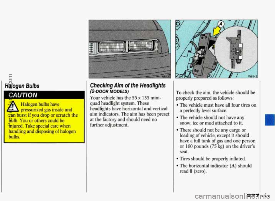 PONTIAC GRAND-PRIX 1993 Owners Manual Halogen Bulbs
Halogen bulbs have
L b pressurized gas inside and
can burst if you drop or scratch the
bulb. You or others could be injured. Take special care when
handling and PONTIAC GRAND-PRIX 1993 Owners Manual Halogen Bulbs
Halogen bulbs have
L b pressurized gas inside and
can burst if you drop or scratch the
bulb. You or others could be injured. Take special care when
handling and