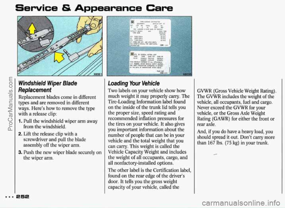 PONTIAC GRAND-PRIX 1993 Owners Manual aam
Service & Appearance Care
Windshield Wiper Blade
Replacement
Replacement blades come in different
types and are removed in different
ways. Here’s how to remove the type
with
a PONTIAC GRAND-PRIX 1993 Owners Manual aam
Service & Appearance Care
Windshield Wiper Blade
Replacement
Replacement blades come in different
types and are removed in different
ways. Here’s how to remove the type
with
a