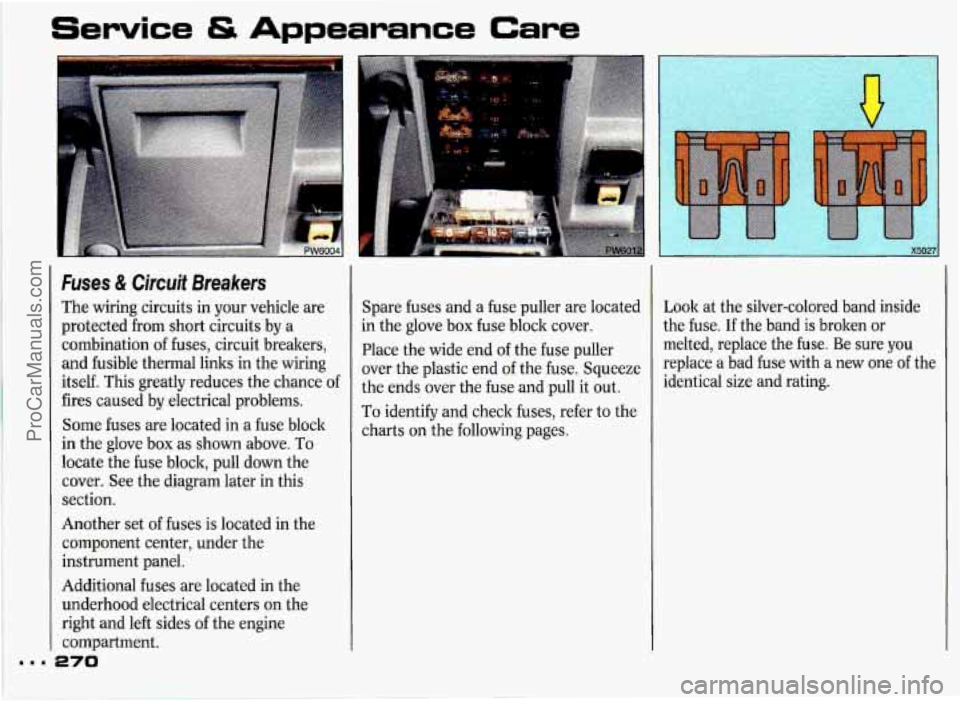PONTIAC GRAND-PRIX 1993 Owners Manual Service & Appearance Care
nnm i
Fuses & Circuit Breakers
The wiring circuits in your vehicle are
protected
from short circuits by a
combination of fuses, circuit breakers,
and fusible PONTIAC GRAND-PRIX 1993 Owners Manual Service & Appearance Care
nnm i
Fuses & Circuit Breakers
The wiring circuits in your vehicle are
protected
from short circuits by a
combination of fuses, circuit breakers,
and fusible