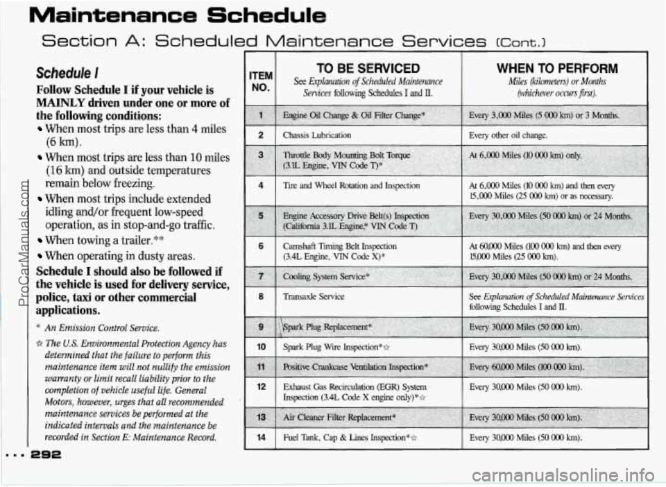 PONTIAC GRAND-PRIX 1993  Owners Manual Maintenance Schedule 
. 
Section A: Scheduled Maintenance Services ~ont.3 
Schedule I 
Follow  Schedule I if your  vehicle is 
MAINLY driven  under  one or more  of 
the  following  conditions: 
When 