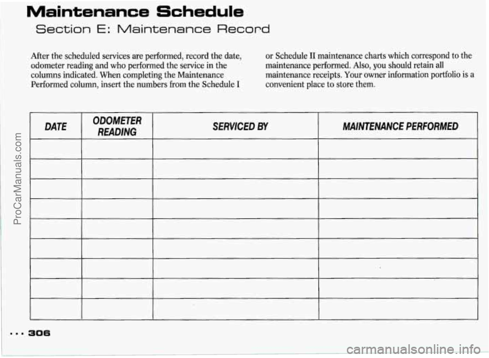 PONTIAC GRAND-PRIX 1993  Owners Manual Maintenance Schedule 
Section E: Maintenance  Record 
After the scheduled  services  are performed,  record  the date, 
odometer  reading and who  performed  the service  in  the 
columns  indicated. 