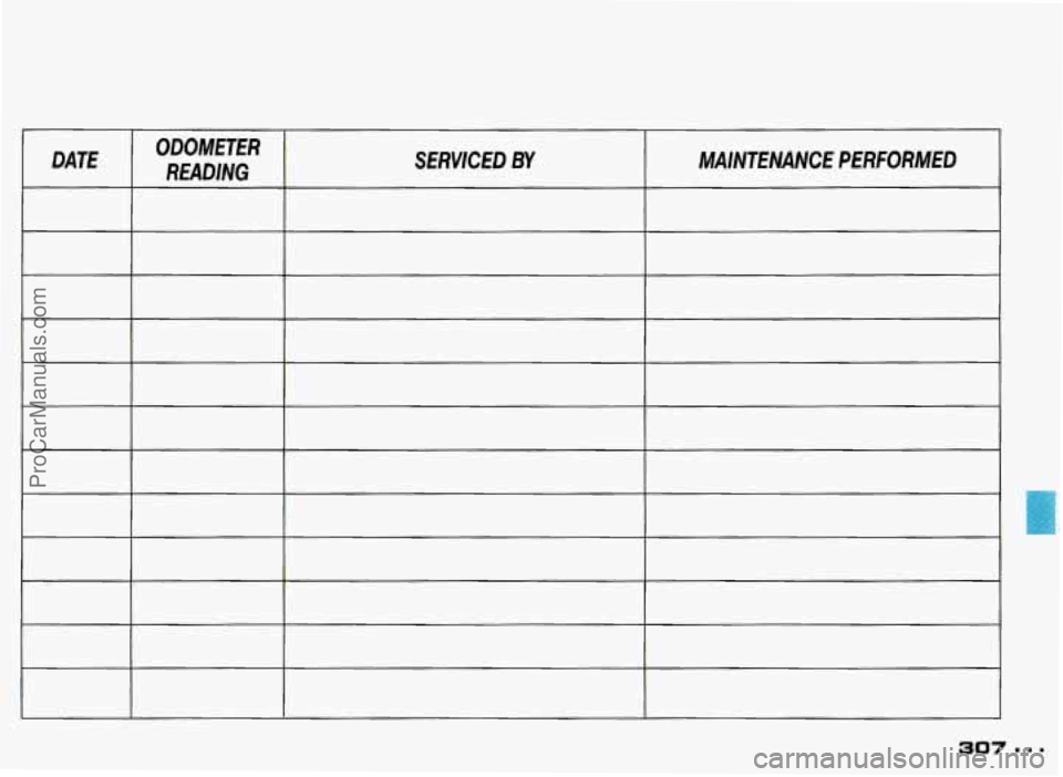 PONTIAC GRAND-PRIX 1993  Owners Manual DATE ODOMETER 
READING  SERVICED BY MAINTENANCE 
PERFORMED 
- 
307 1 1 1 
ProCarManuals.com 