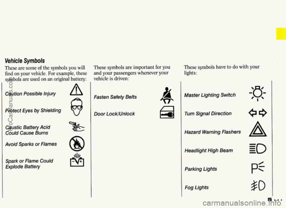 PONTIAC GRAND-PRIX 1993  Owners Manual c 
Vehicle  Symbols 
These are some of the  symbols  you  will 
find  on  your  vehicle.  For  example,  these 
symbols  are  used 
on an  original  battery: 
I 
Caution  Possible  Injury 
Protect  Ey