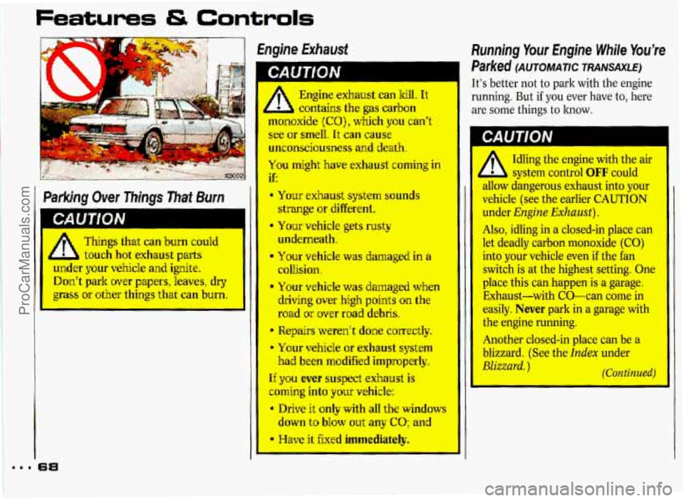 PONTIAC GRAND-PRIX 1993 Repair Manual Features & Controls 
hgine Exhaust Running  Your  Engine  While  You’re 
Parked (AUTOMATIC TRANSAXE) 
It’s better not to  park  with  the engine 
running.  But 
if you ever  have to, here 
contain