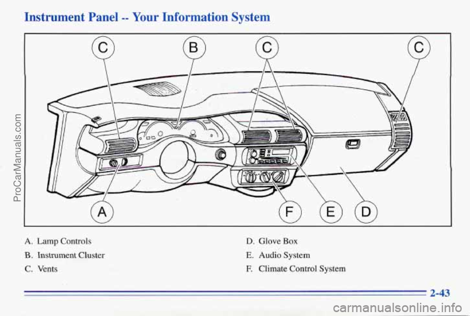 PONTIAC PONTIAC 1996 Owners Manual Instrument Panel -- Your Information System
Q Q
A. Lamp Controls
B . Instrument Cluster
C. Vents
D. Glove Box
E. Audio System
E Climate Control System
ProCarManuals.com PONTIAC PONTIAC 1996 Owners Manual Instrument Panel -- Your Information System
Q Q
A. Lamp Controls
B . Instrument Cluster
C. Vents
D. Glove Box
E. Audio System
E Climate Control System
ProCarManuals.com