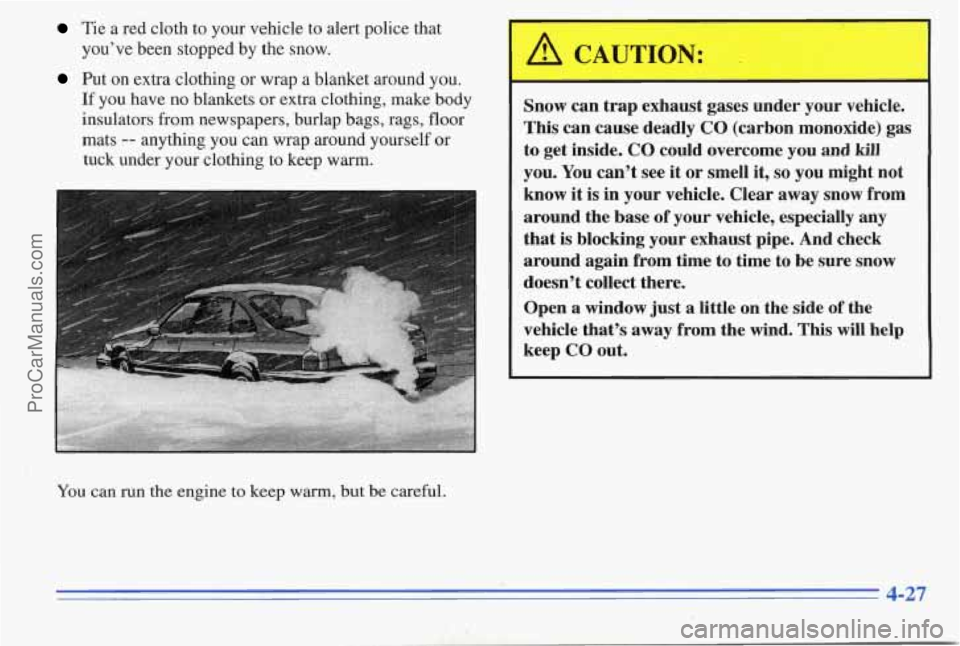 PONTIAC PONTIAC 1996  Owners Manual Tie a  red  cloth to your vehicle  to alert  police  that 
you’ve  been  stopped  by  the snow. 
Put on extra  clothing or wrap a blanket  around  you. 
If you have no blankets  or extra  clothing, 