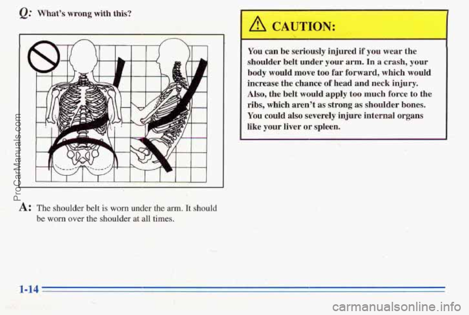 PONTIAC PONTIAC 1996 Owners Manual 12: Whats wrong  with  this? 
A: The shoulder belt is worn under the arm. It should 
be worn over the shoulder at all times. 
A CAUTION: 
You  can  be seriously injured if you wear  the 
shoulder  be
