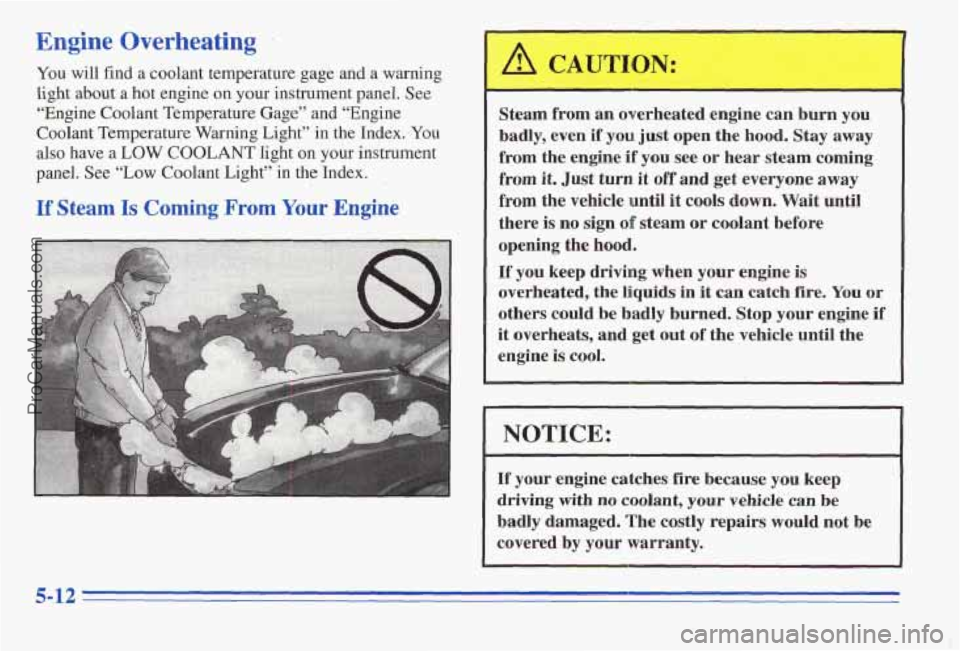 PONTIAC PONTIAC 1996  Owners Manual Engine Overheating 
You will  find a coolant  temperature  gage and  a  warning 
light about a hot engine  on your instrument  panel. See 
“Engine Coolant Temperature  Gage”  and  “Engine 
Coola