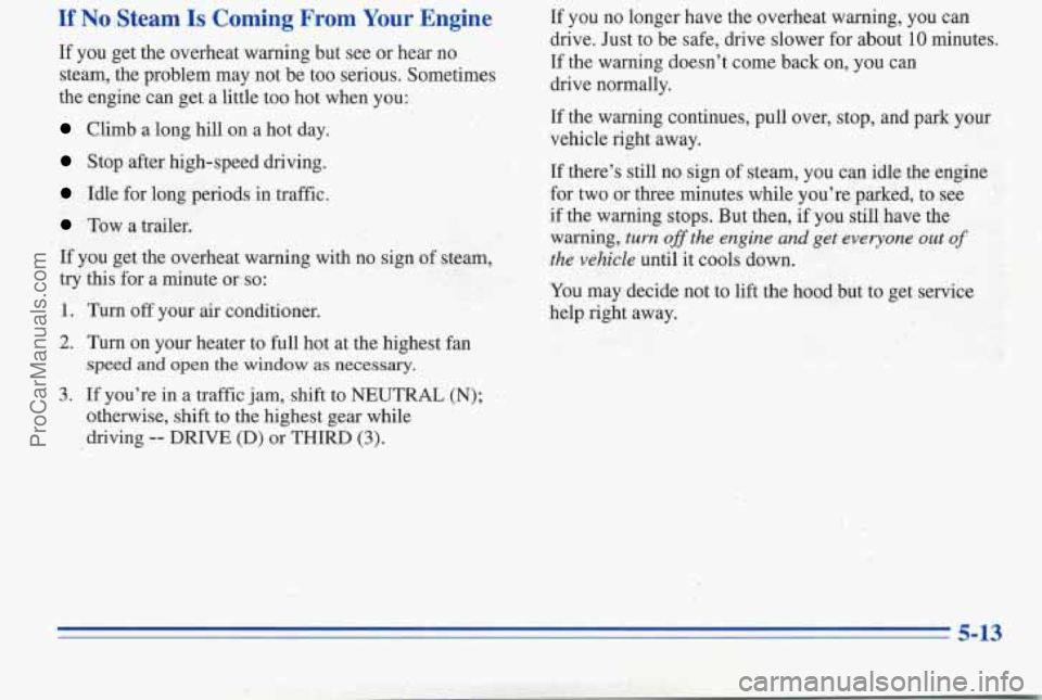 PONTIAC PONTIAC 1996  Owners Manual If No Steam Is Coming  From  Your  Engine 
If you  get  the overheat warning  but see or hear no 
steam,  the problem  may not be too  serious. Sometimes 
the  engine can  get a little too hot  when y