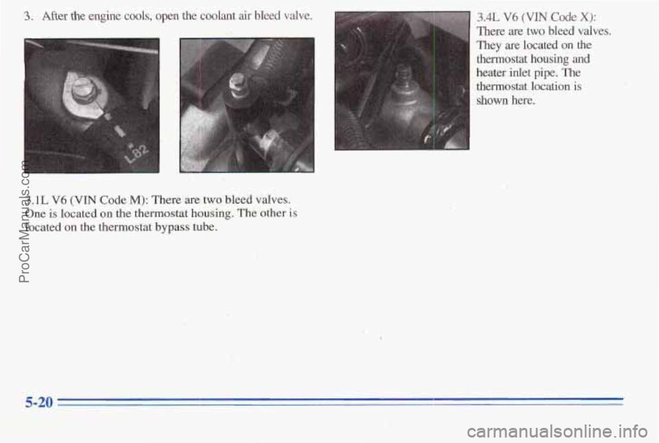 PONTIAC PONTIAC 1996  Owners Manual 3. After  the  engine  cools, open the  coolant air bleed  valve. 
I 3.4L V6 (VIN Code X): 
There  are two bleed  valves. 
They 
are located  on  the 
thermostat 
housing and 
heater  inlet  pipe. The