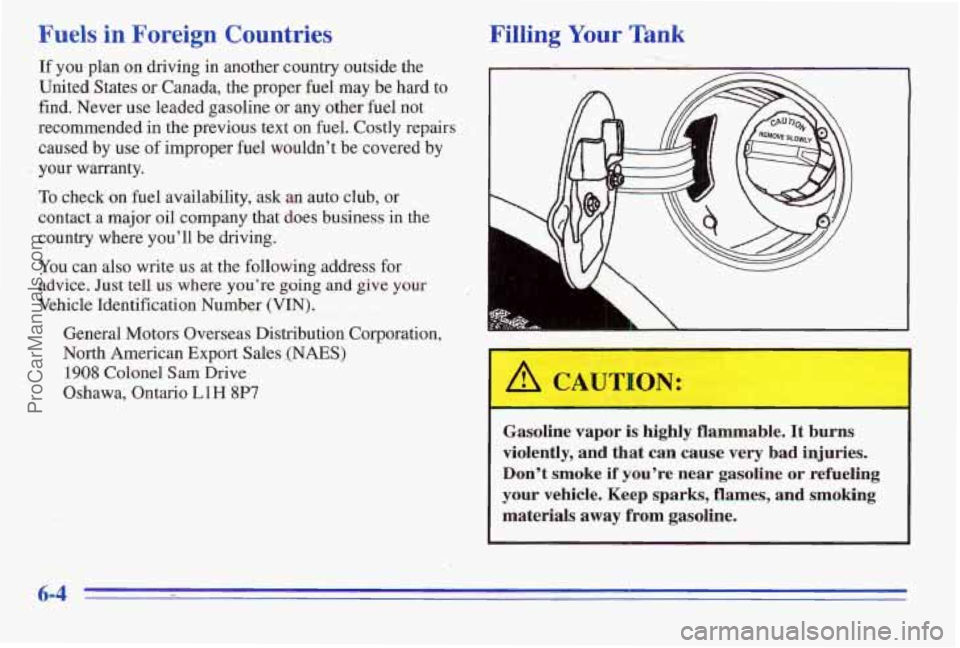 PONTIAC PONTIAC 1996  Owners Manual Fuels in Foreign  Countries 
If you  plan on driving in another country outside the 
United States or Canada, the proper  fuel may be hard to 
find. Never use leaded gasoline  or 
any other fuel not 
