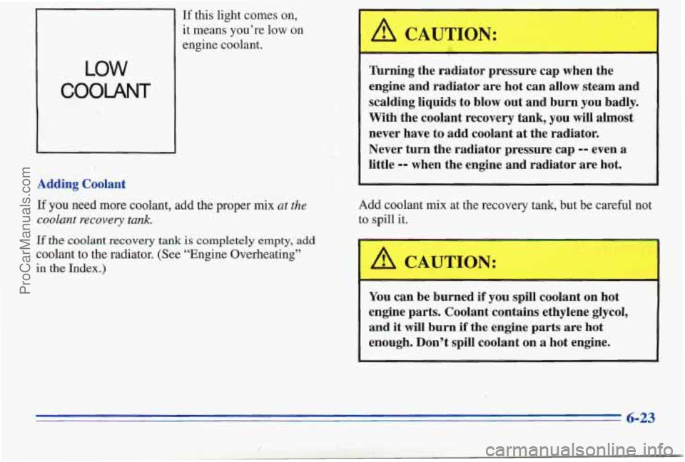 PONTIAC PONTIAC 1996 Owners Manual If this light comes on,
it means you’re low on
engine coolant.
LOW
COOLANT
L
Adding Coolant
A CAUTION:
lhrning the radiator pressure cap when the
engine and radiator are hot c PONTIAC PONTIAC 1996 Owners Manual If this light comes on,
it means you’re low on
engine coolant.
LOW
COOLANT
L
Adding Coolant
A CAUTION:
lhrning the radiator pressure cap when the
engine and radiator are hot c