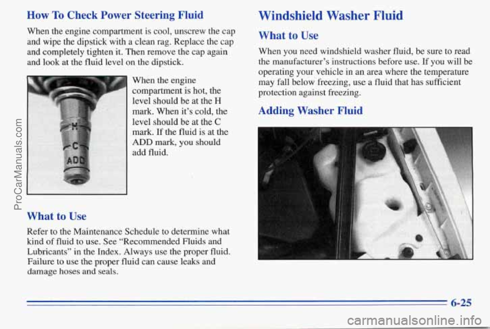 PONTIAC PONTIAC 1996  Owners Manual How To Check  Power  Steering  Fluid 
When the engine compartment is cool, unscrew the  cap 
and  wipe  the  dipstick with a clean rag. Replace  the cap 
and  completely tighten  it. Then remove the  