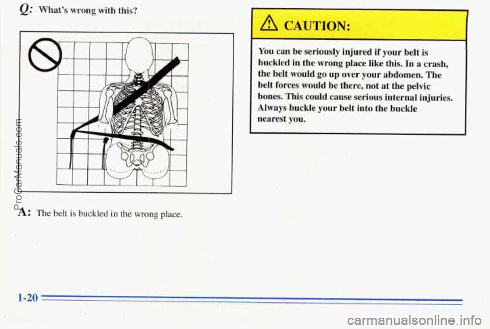 PONTIAC PONTIAC 1996 Owners Manual Q: Whats  wrong  with this? 
A: The belt is buckled in the wrong place. 
You can  be  sericus1y  injured if your belt is 
buckled in the wrong  place like this.  In a crash, 
the  belt  would 
go  u
