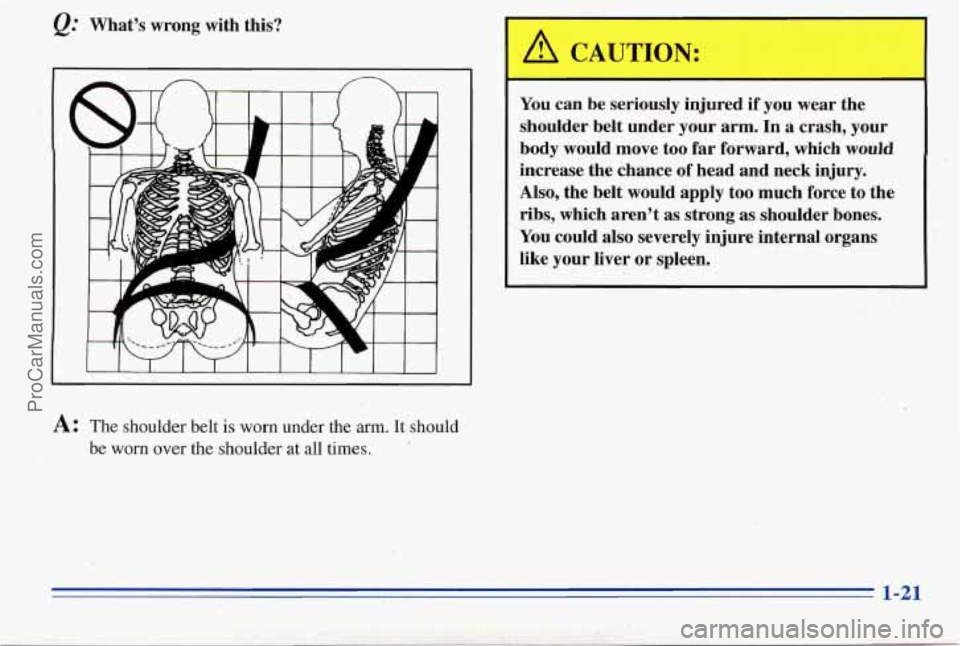 PONTIAC PONTIAC 1996 Owners Manual @ Whats  wrong  with this? 
1 
A: The  shoulder  belt is worn  under  the  arm.  It should 
be  worn  over the shoulder  at  all 
times. 
A CAUTIO": 
I 
You caribe  seriously  injured if you wear the