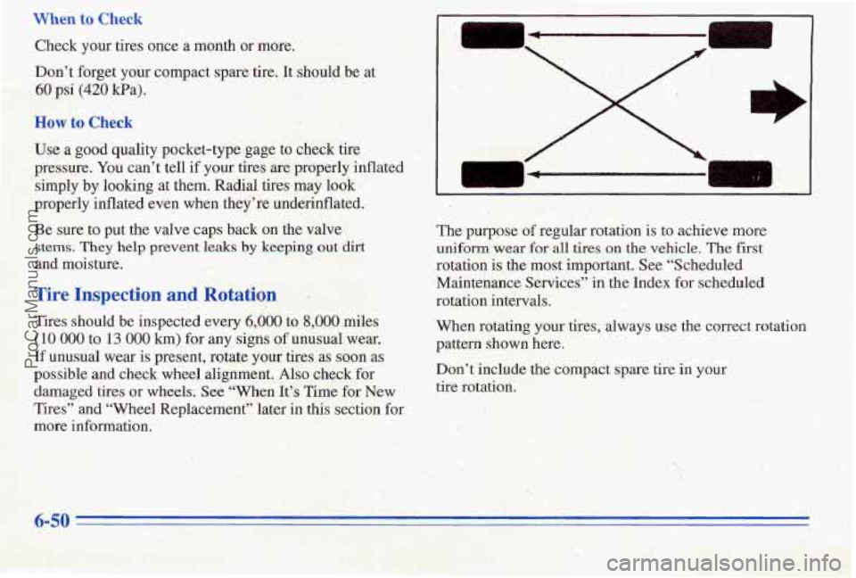 PONTIAC PONTIAC 1996  Owners Manual When to Check. 
Check your tires once a month  or more. ~ 
Don?  forget  your compact spare tire.  It should  be at 
60 psi (420 @a). 
How to Check 
Use a good quality pocket-type  gage  to check tire