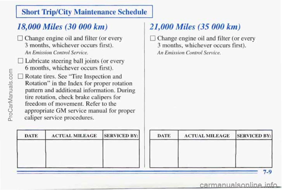PONTIAC PONTIAC 1996  Owners Manual I Short TripKity  Maintenance  Schedule I 
18,000 Miles (30 000 km) 
0 Change engine oil  and filter (or  every 
3 months,  whichever  occurs  first). 
An Emission Control Sewice. 
0 Lubricate  steeri