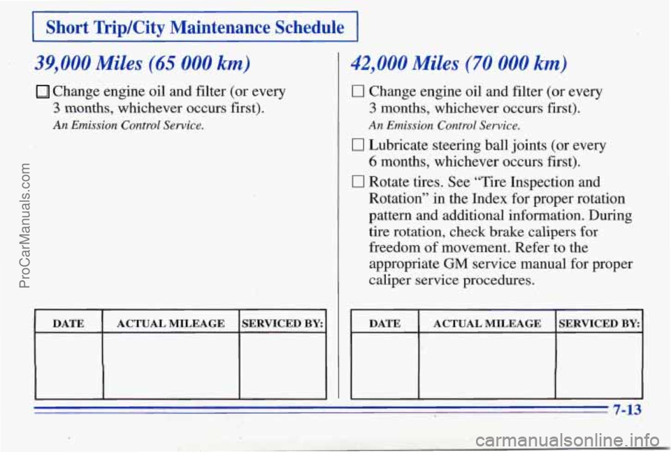 PONTIAC PONTIAC 1996  Owners Manual I Short  TripKity  Maintenance  Schedule I 
39,000 Miles (65 000 km) 
Change engine oil and filter (or every 
3 months, whichever occurs first). 
An Emission Control Service. 
42,000 Miles (70 000 km)
