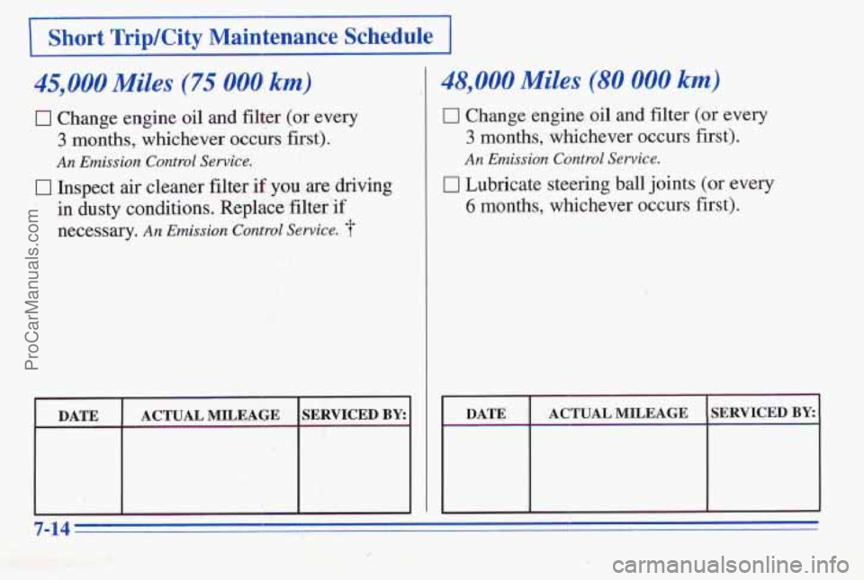 PONTIAC PONTIAC 1996  Owners Manual 1 Short TripKity Maintenance Schednle I 
45,000 Miles (75 000 km) 
L Change engine oil and filter (or every 
3 months, whichever occurs first). 
An Emission Control Service. 
0 Inspect air cleaner fil
