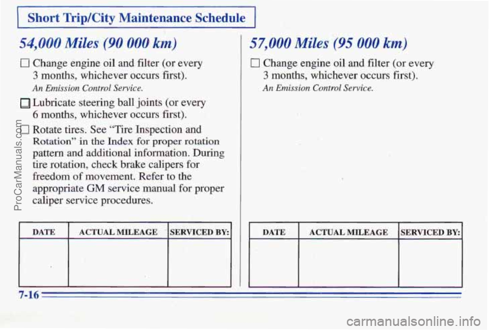 PONTIAC PONTIAC 1996  Owners Manual I Short Trip/City Maintenance Schedule I 
I 
54,000 Miles (90 000 km) 
17 Change engine oil and filter (or  every 
3 months, whichever  occurs first). 
An Emission Control Sewice. 
Lubricate steering 