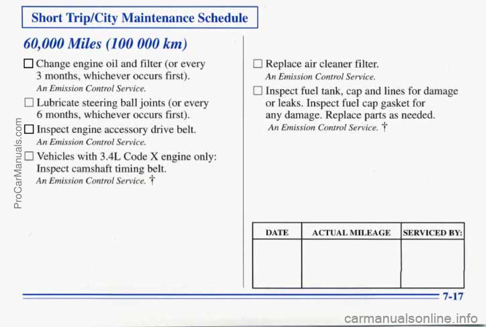 PONTIAC PONTIAC 1996  Owners Manual I 1 
I Short  TripKity  Maintenance Schedule I 
60,000 Miles (100 000 km) 
Change engine oil and filter (or  every 
3 months,  whichever occurs first). 
17 Lubricate steering ball  joints (or every 
