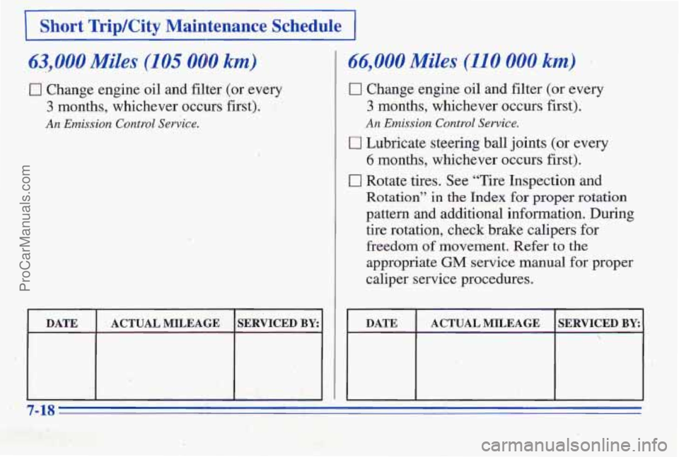 PONTIAC PONTIAC 1996 Owners Manual 63,000 Miles (105 000 km)
Change engine oil and filter (or every
3 months, whichever occurs first).
An Emission Control Sewice.
1 DATE ACTUAL MILEAGE SERVICED BY:
I
66,000 Miles ‘(110 000 km) PONTIAC PONTIAC 1996 Owners Manual 63,000 Miles (105 000 km)
Change engine oil and filter (or every
3 months, whichever occurs first).
An Emission Control Sewice.
1 DATE ACTUAL MILEAGE SERVICED BY:
I
66,000 Miles ‘(110 000 km)
