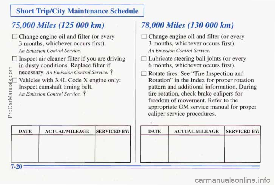 PONTIAC PONTIAC 1996 Owners Manual I Short Trip/City Maintenance Schedule 1
0 Change engine oil and filter (or every
3 months, whichever occurs first).
An Emission Control Service.
0 Inspect air cleaner filter if you are dri PONTIAC PONTIAC 1996 Owners Manual I Short Trip/City Maintenance Schedule 1
0 Change engine oil and filter (or every
3 months, whichever occurs first).
An Emission Control Service.
0 Inspect air cleaner filter if you are dri