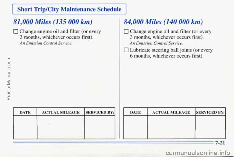 PONTIAC PONTIAC 1996 Owners Manual 1 Short Trip/City Maintenance Schedule I
81,000 Miles (135 000 km)
Change engine oil and filter (or every
:&++:. ;3 munths, whichever occurs first). " .?
,..
An Emission Control Sewice.
84, PONTIAC PONTIAC 1996 Owners Manual 1 Short Trip/City Maintenance Schedule I
81,000 Miles (135 000 km)
Change engine oil and filter (or every
:&++:. ;3 munths, whichever occurs first). " .?
,..
An Emission Control Sewice.
84,