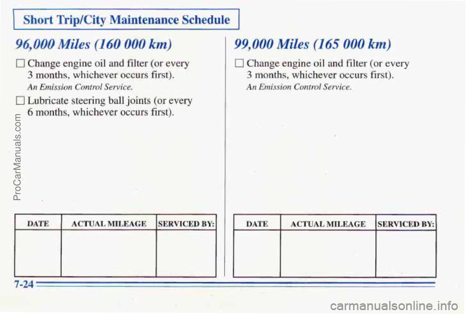 PONTIAC PONTIAC 1996 Owners Manual Short Trip/City Maintenance S.chedule ~~
96,000 Miles (160 000 km& F2D-T-v-,,+., &I&* ;y
0 Change engine oil and filter (or every
3 months, whichever occurs first).
An Emission Control Sewice.
Lu PONTIAC PONTIAC 1996 Owners Manual Short Trip/City Maintenance S.chedule ~~
96,000 Miles (160 000 km& F2D-T-v-,,+., &I&* ;y
0 Change engine oil and filter (or every
3 months, whichever occurs first).
An Emission Control Sewice.
Lu
