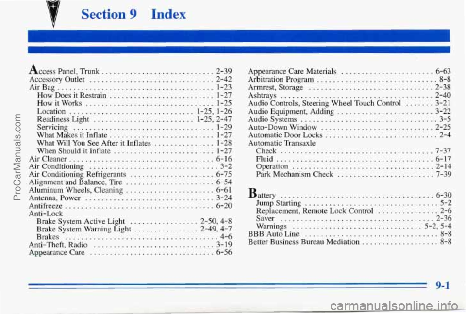 PONTIAC PONTIAC 1996 Owners Manual . Section 9 Index
Access Panel. ~mnk .... ...................... 2-39
Accessory Outlet
............................... 2-42
AirBag
....................................... 1-23
How Does it Res PONTIAC PONTIAC 1996 Owners Manual . Section 9 Index
Access Panel. ~mnk .... ...................... 2-39
Accessory Outlet
............................... 2-42
AirBag
....................................... 1-23
How Does it Res