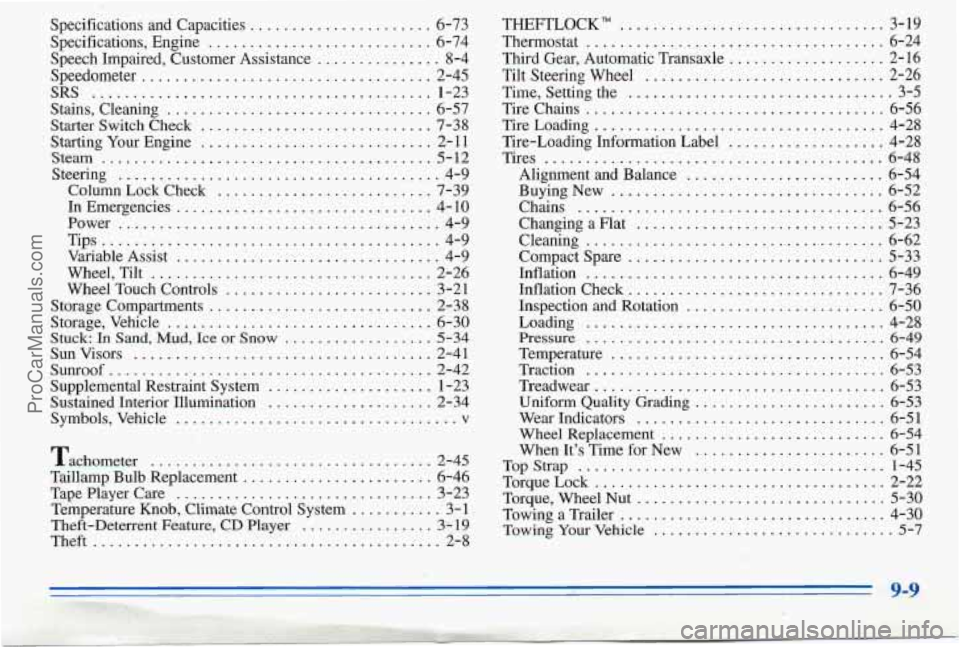 PONTIAC PONTIAC 1996 Owners Manual Specifications and Capacities .......... ... 6-73
Specifications. Engine
........................... 6-74
Speech Impaired. Customer Assistance
............... 8-4
Speedometer
............. PONTIAC PONTIAC 1996 Owners Manual Specifications and Capacities .......... ... 6-73
Specifications. Engine
........................... 6-74
Speech Impaired. Customer Assistance
............... 8-4
Speedometer
.............