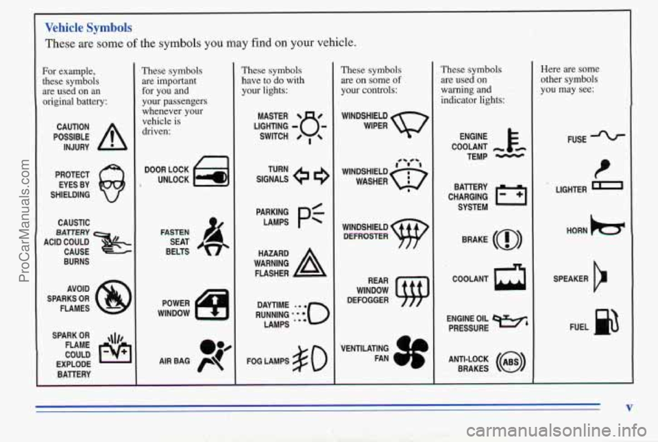 PONTIAC PONTIAC 1996  Owners Manual 1 
Vehicle Symbols 
These are some of the symbols you  may  find  on your vehicle. 
For example, 
these symbols  are  used  on an 
original  battery: 
POSSIBLE A 
CAUTION 
INJURY 
PROTECT  EYES  BY 
S