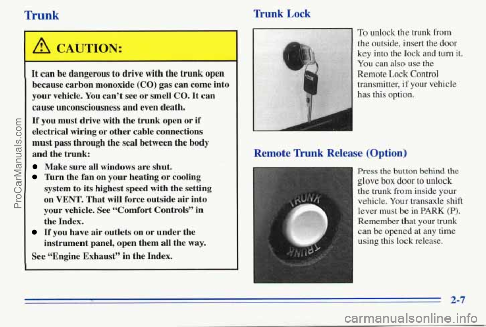 PONTIAC PONTIAC 1996 Owners Manual Trunk Trunk Lock
A CAUTION:
It can be dangerous to drive with the trunk open
because carbon monoxide (CO) gas can come into
your vehicle. You can’t see or smell CO.
It can
cause PONTIAC PONTIAC 1996 Owners Manual Trunk Trunk Lock
A CAUTION:
It can be dangerous to drive with the trunk open
because carbon monoxide (CO) gas can come into
your vehicle. You can’t see or smell CO.
It can
cause