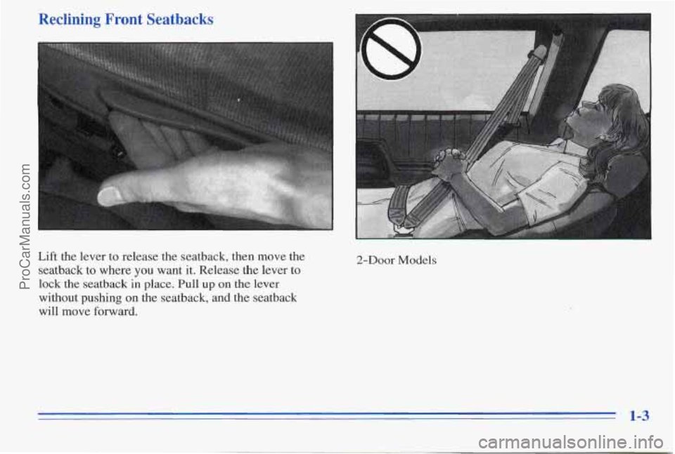 PONTIAC PONTIAC 1996  Owners Manual Reclining  Front  Seatbacks r 
Lift the lever  to release the  seatback,  then  move the 
seatback  to where 
you want  it. Release  the lever  to 
lock  the seatback  in place. Pull  up 
on the lever