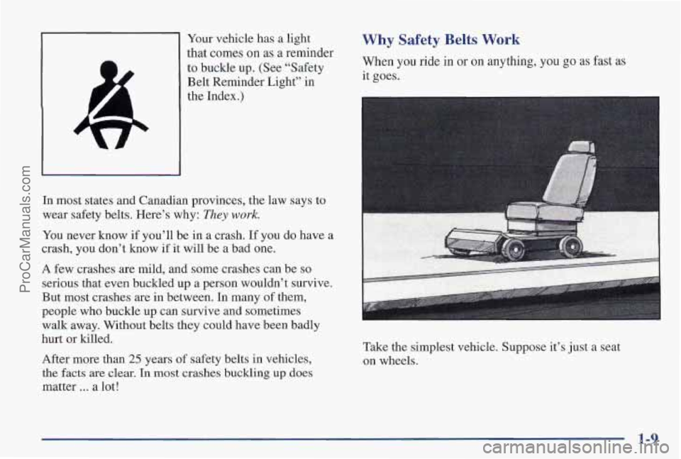 PONTIAC PONTIAC 1997 User Guide Your vehicle  has a light 
that  comes  on as a reminder 
to  buckle  up. (See “Safety 
Belt  Reminder Light” in 
the  Index.) 
In most states and Canadian provinces,  the law says  to 
wear safet