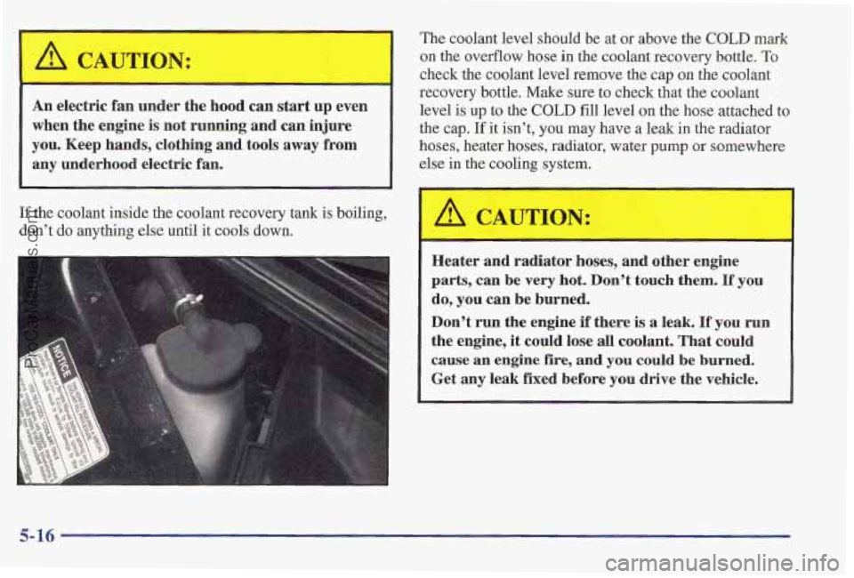 PONTIAC PONTIAC 1997 Owners Manual I
An electric fan under the hood can start up even
when the engine is not running and can injure
you. Keep hands, clothing
and tools away from
any underhood electric fan.
If the cool PONTIAC PONTIAC 1997 Owners Manual I
An electric fan under the hood can start up even
when the engine is not running and can injure
you. Keep hands, clothing
and tools away from
any underhood electric fan.
If the cool