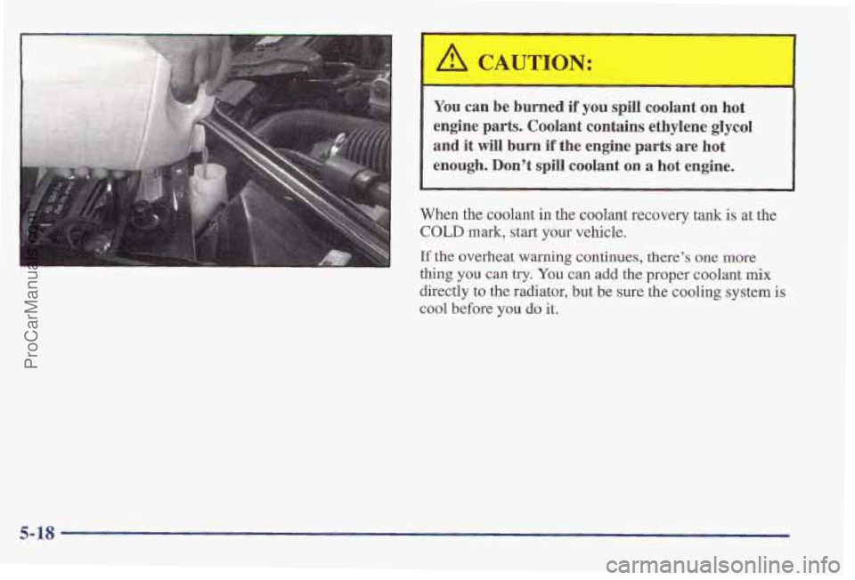PONTIAC PONTIAC 1997 Owners Manual You can b’e burned if you spill coolant on hot
engine
parts. Coolant contains ethylene glycol
and
it will burn if the engine parts are hot
enough. Don’t spill coolant on a hot en PONTIAC PONTIAC 1997 Owners Manual You can b’e burned if you spill coolant on hot
engine
parts. Coolant contains ethylene glycol
and
it will burn if the engine parts are hot
enough. Don’t spill coolant on a hot en