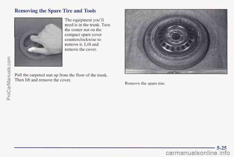 PONTIAC PONTIAC 1997 Owners Manual Removing the Spare Tire and Tools
I
The equipment you’ll
need
is in the trunk. Turn
the center nut on the
compact spare cover
counterclockwise to
remove
it. Lift and
remove the PONTIAC PONTIAC 1997 Owners Manual Removing the Spare Tire and Tools
I
The equipment you’ll
need
is in the trunk. Turn
the center nut on the
compact spare cover
counterclockwise to
remove
it. Lift and
remove the