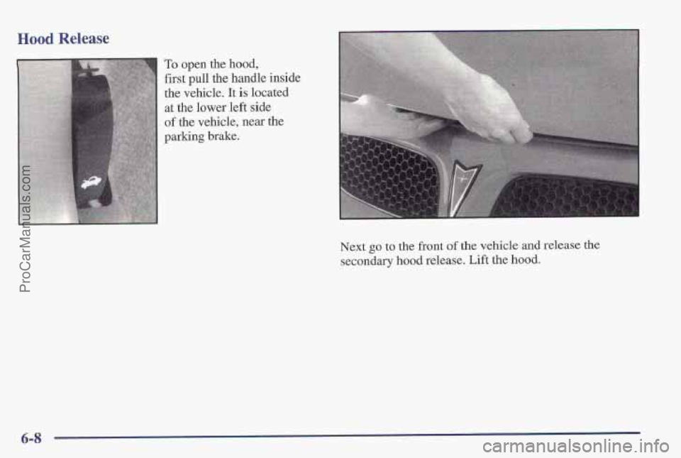 PONTIAC PONTIAC 1997  Owners Manual Hood Release 
To open the hood, 
first pull the handle inside 
the  vehicle. It 
is located 
at 
the lower  left side 
of the vehicle,  near the 
parking brake. 
Next go to the front of the vehicle an