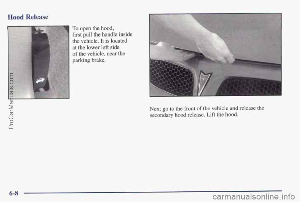 PONTIAC PONTIAC 1997 Owners Manual Hood Release
To open the hood,
first pull the handle inside
the vehicle. It
is located
at
the lower left side
of the vehicle, near the
parking brake.
Next go to the front of the vehicle an PONTIAC PONTIAC 1997 Owners Manual Hood Release
To open the hood,
first pull the handle inside
the vehicle. It
is located
at
the lower left side
of the vehicle, near the
parking brake.
Next go to the front of the vehicle an