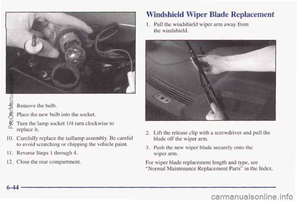 PONTIAC PONTIAC 1997  Owners Manual 7. Remove the bulb. 
8. Place  the new  bulb  into the socket. 
9. Turn the lamp socket 1/4 turn clockwise  to 
replace  it. 
to avoid scratching or chipping the vehicle  paint. 
10. Carefully  replac