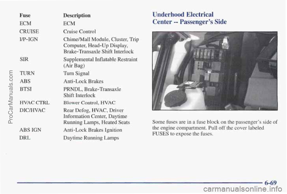 PONTIAC PONTIAC 1997  Owners Manual Fuse 
ECM 
CRUISE 
I/P-IGN SIR 
TURN 
ABS 
BTSI 
HVAC CTRL 
DIC/HVAC 
AB’S IGN 
DRL 
Description 
ECM 
Cruise  Control  ChimeMall  Module, Cluster,  Trip 
Computer, Head-Up  Display, 
Brake-Transaxl