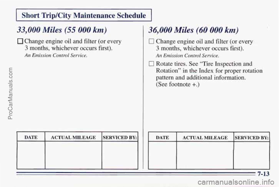 PONTIAC PONTIAC 1997  Owners Manual I Short  Trip/City  Maintenance  Schedule I 
33,000 Miles (55 000 km) 
Change engine oil  and  filter (or  every 
3 months,  whichever  occurs  first). 
An Emission Control Service. 
DATE 
SERVICED BY