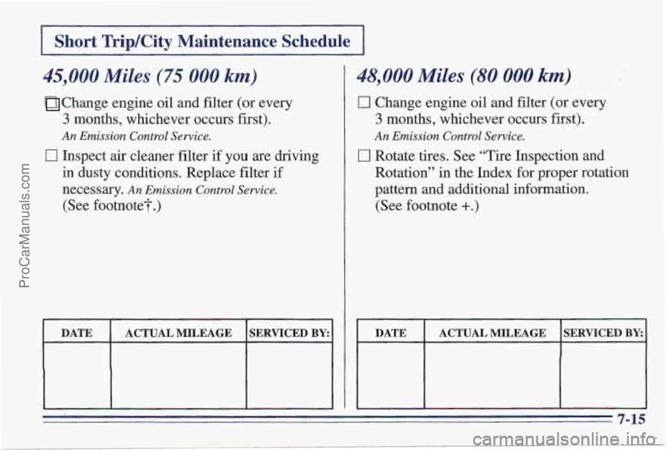 PONTIAC PONTIAC 1997  Owners Manual I Short TripKity  Maintenance  Schedule I 
45,000 Miles (75 000 km) 
Change engine oil  and filter  (or  every 
3 months,  whichever  occurs  first). 
An Emission  Control Service. 
0 Inspect air clea