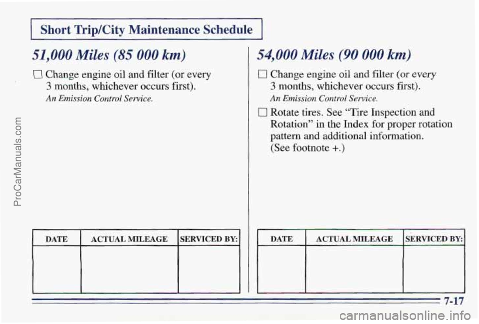 PONTIAC PONTIAC 1997  Owners Manual I Short TripKity  Maintenance  Schedule I 
51,000 Miles (85 000 kmj 
CI Change engine oil and filter (or every 
3 months,  whichever  occurs first). 
An Emission Control Service. 
I DATE I ACTUAL  MIL