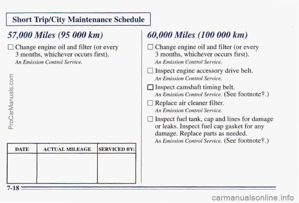 PONTIAC PONTIAC 1997  Owners Manual )Short Trip/City  Maintenance  Schedule I 
57,000 Miles (95 000 km) 
0 Change engine oil  and filter  (or every 
3 months,  whichever  occurs  first). 
An Emission Control Service. 
DATE ACTUAL  MILEA