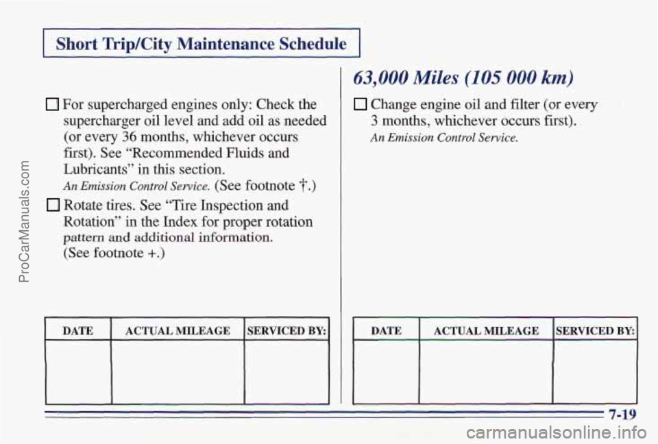 PONTIAC PONTIAC 1997  Owners Manual Short TripKity Maintenance  Schedule 
63,000 Miles (105 000 km) 
For  supercharged  engines only: Check the 
Lubricants”  in  this  section.  first). 
See “Recommended Fluids and 
An Emission  Con